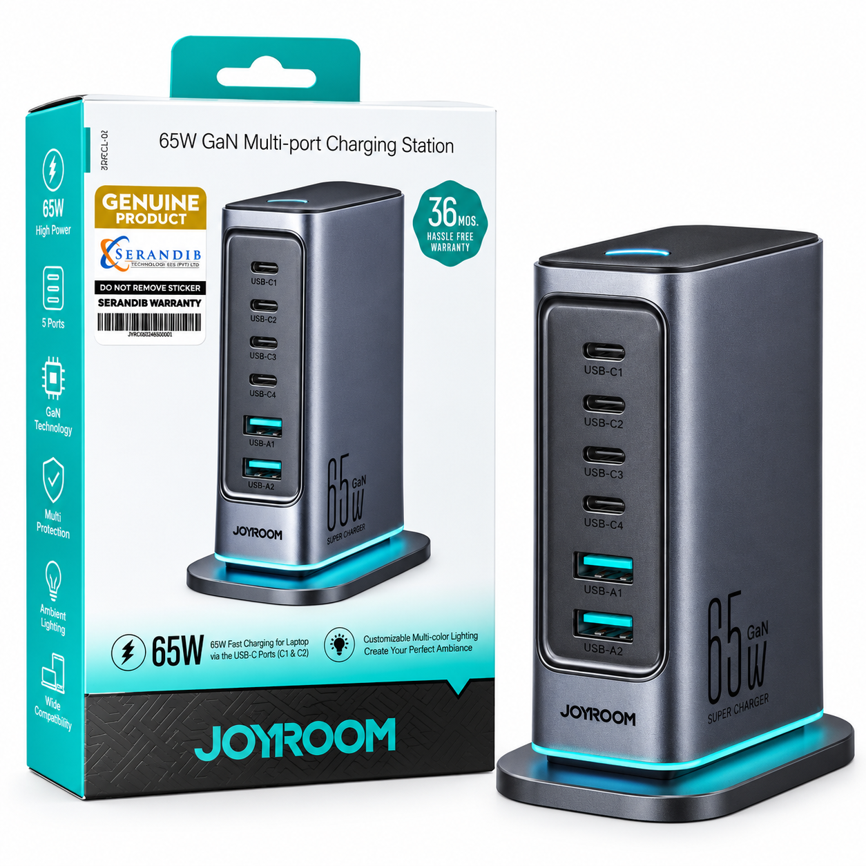 JOYROOM JR-TCM02 65W GaN 6-Port Fast Charging Station – 4 USB-C + 2 USB-A