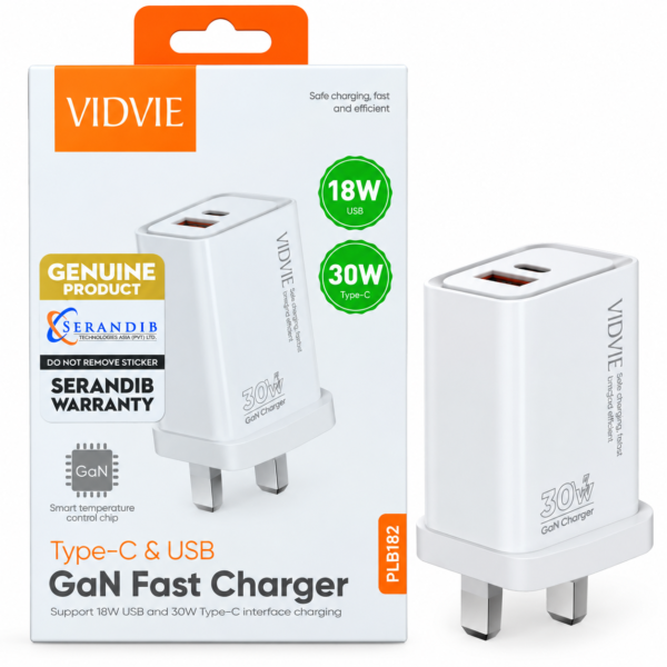 VIDVIE PLB182 30W GaN Dual-Port Fast Charger – USB-C + USB-A