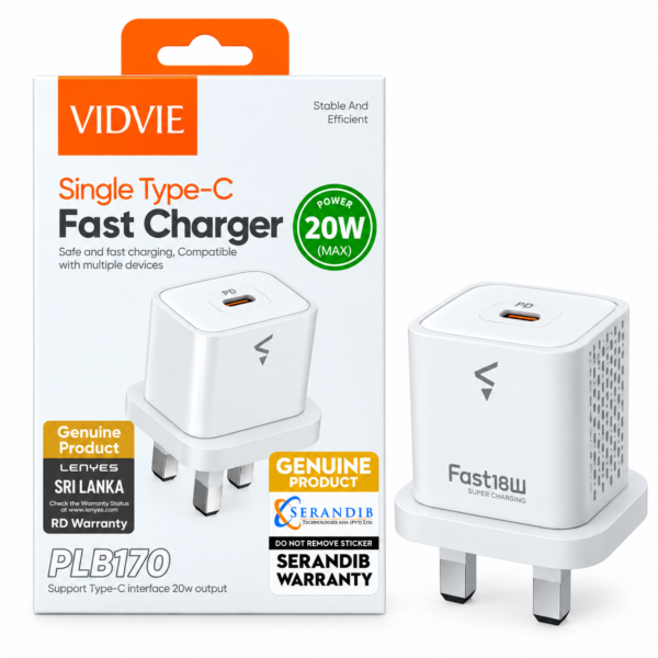 VIDVIE PLB170 20W USB-C Fast Wall Charger – UK 3-Pin
