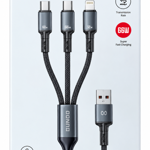 XUNDD XDDC-034 3-in-1 Fast Charging Cable – USB-A to Dual USB-C & Lightning – 1.2m